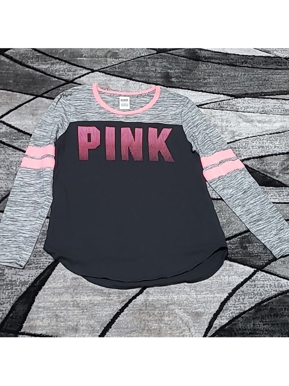 PINK Victoria's Secret Black & Gray Long-Sleeve Top with Pink Accents